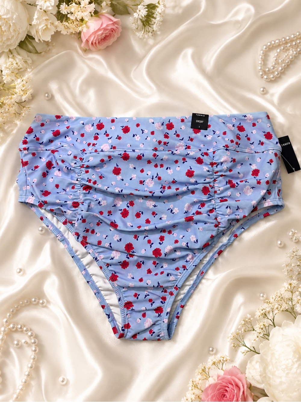 NWT Torrid High-Rise Ruched High-Cut Cheeky Swim Bottom Light Blue Floral Sz 1X